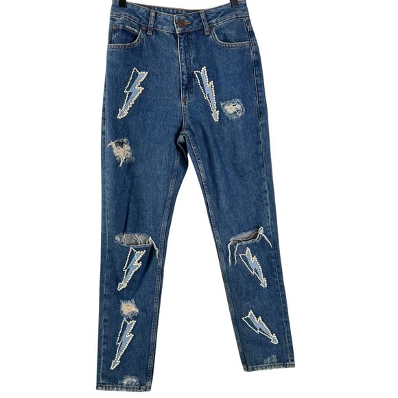 Sandro Women's Rebecca Lightning Bolt Slim Distressed High Rise Jeans Sz 6 - Picture 1 of 10